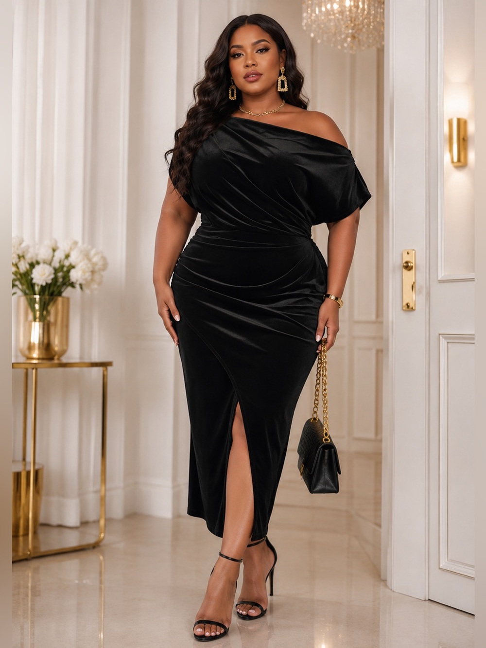 Curve XXL Black Off-Shoulder Ruched Velvet Midi Dress BNWOT